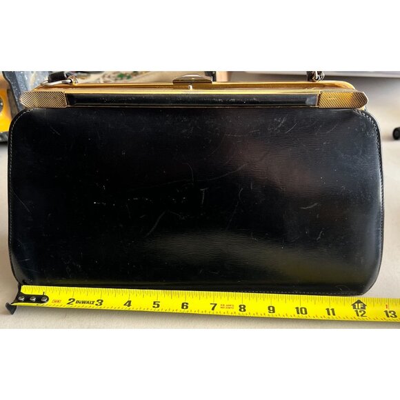 Vintage Black Leather Handbag With Gold Frame & Suede Interior Made In Ireland - Picture 8 of 9